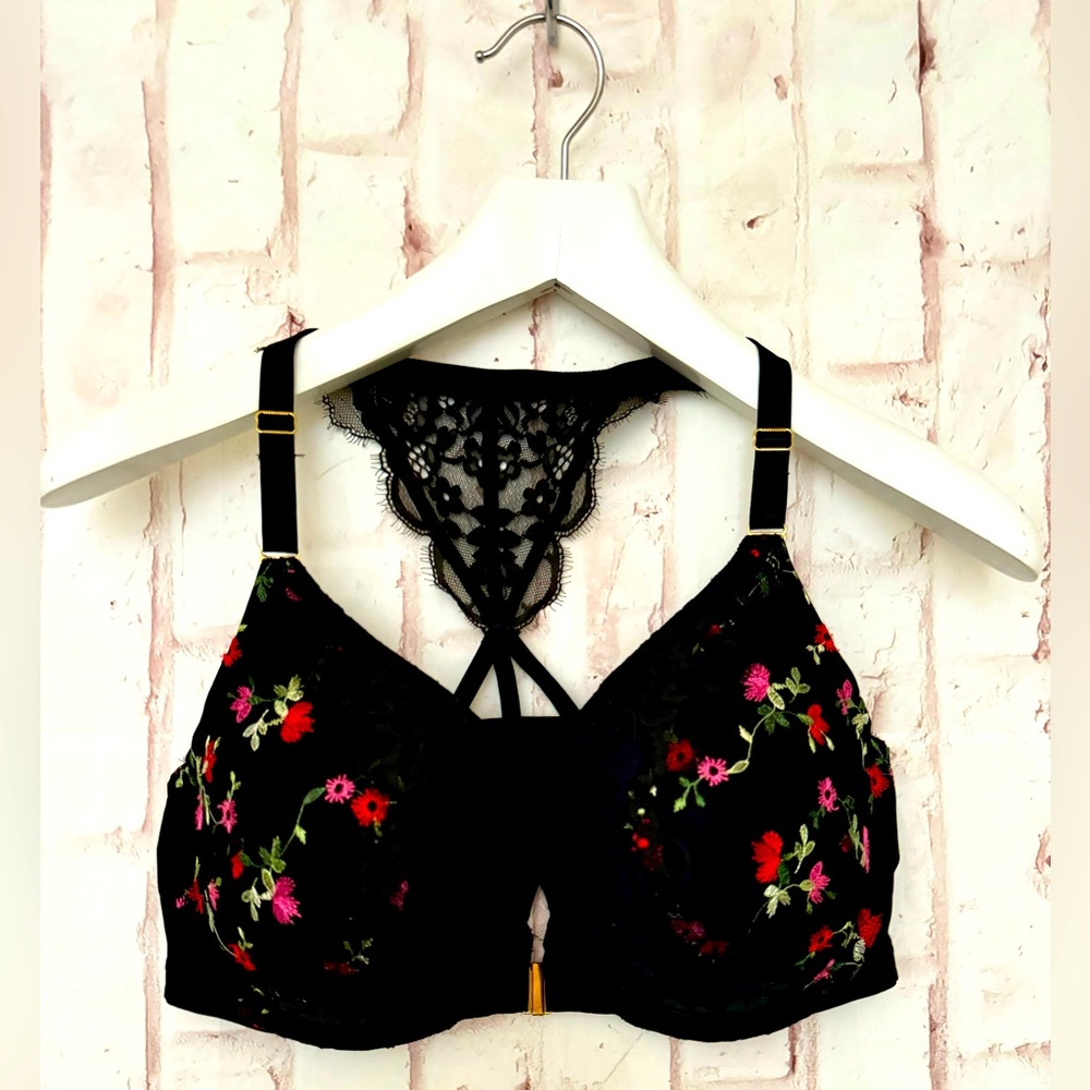 Cacique Bra: Black Floral Embroidered Lace Racerback Bra – Push-Up / Front-Close